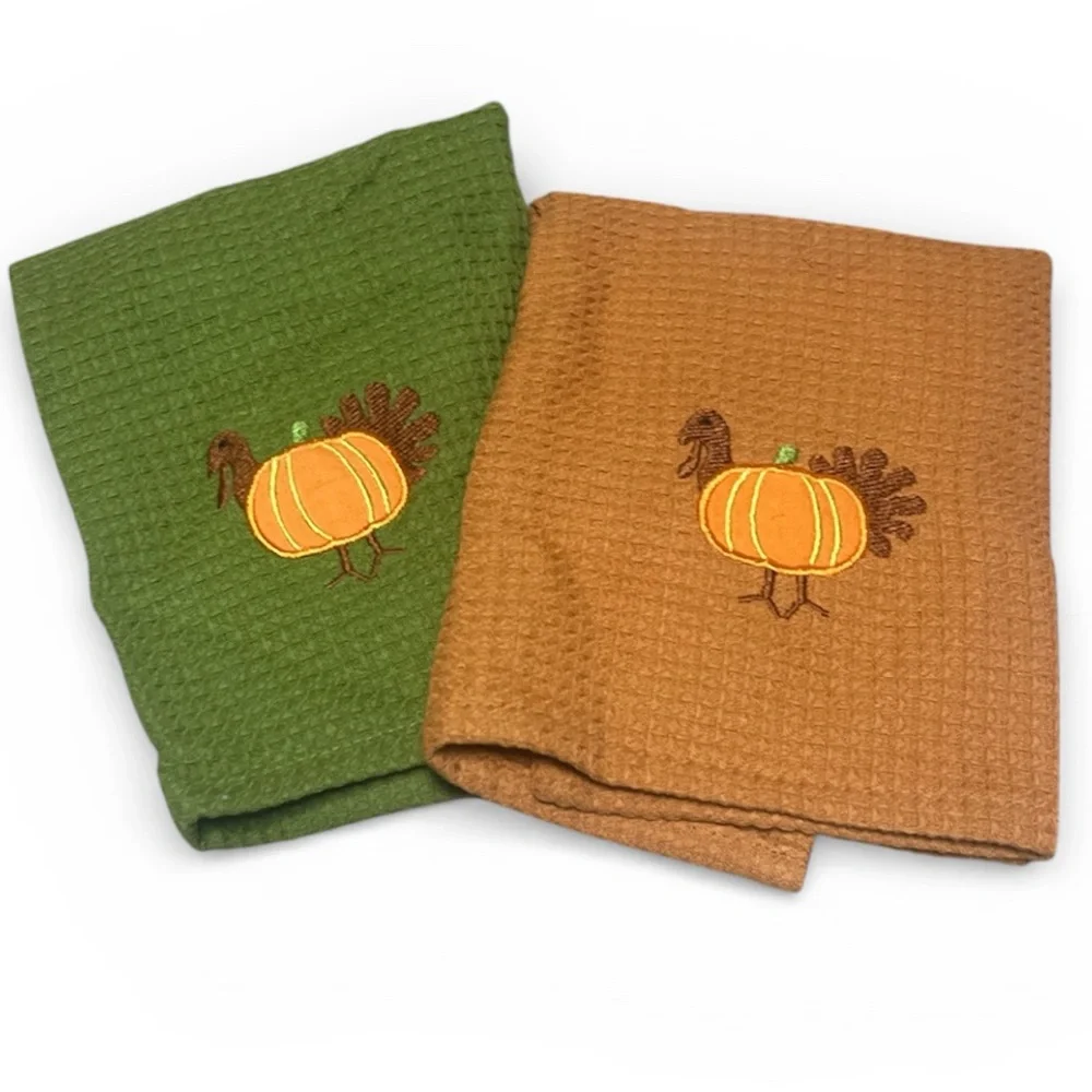 Crate&Barrel Orange and Green Turkey Kitchen Towels